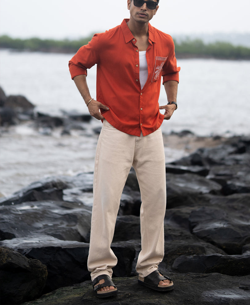 Spicy Orange Linen Blend Embroidery Shirt.