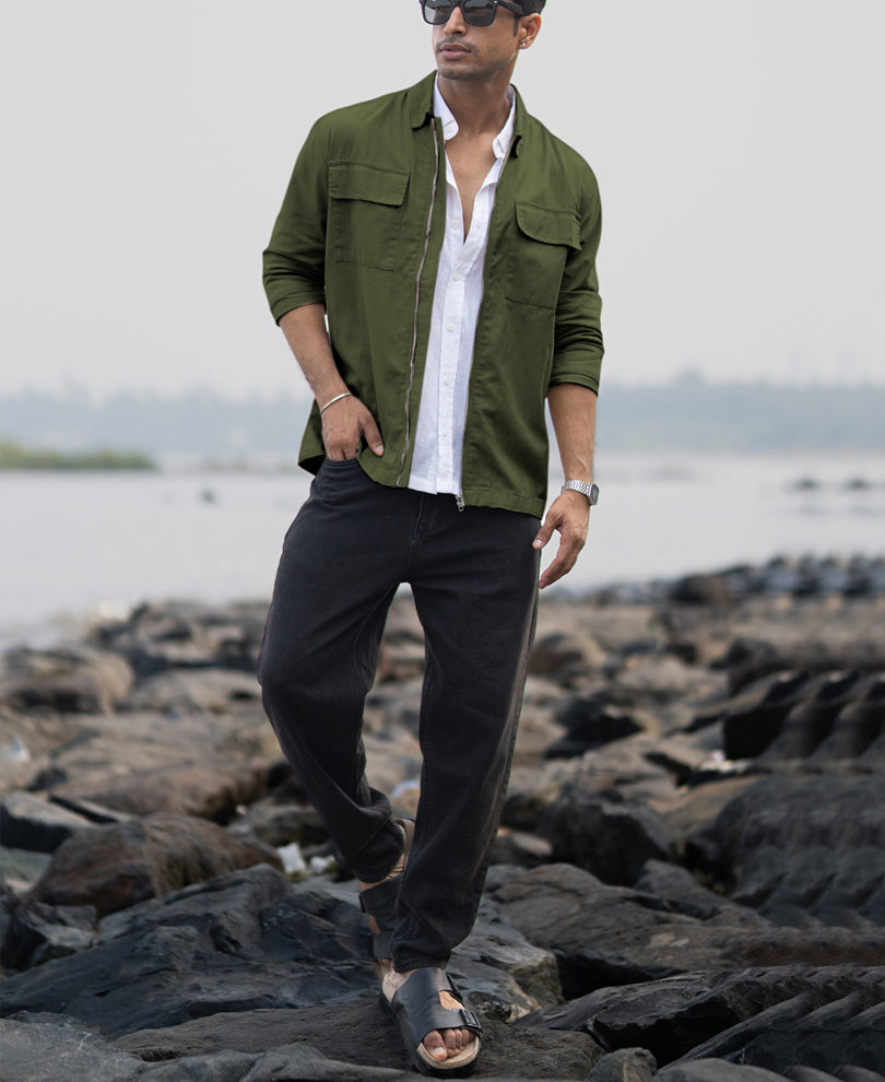 Olive Structured Zipper Overshirt.