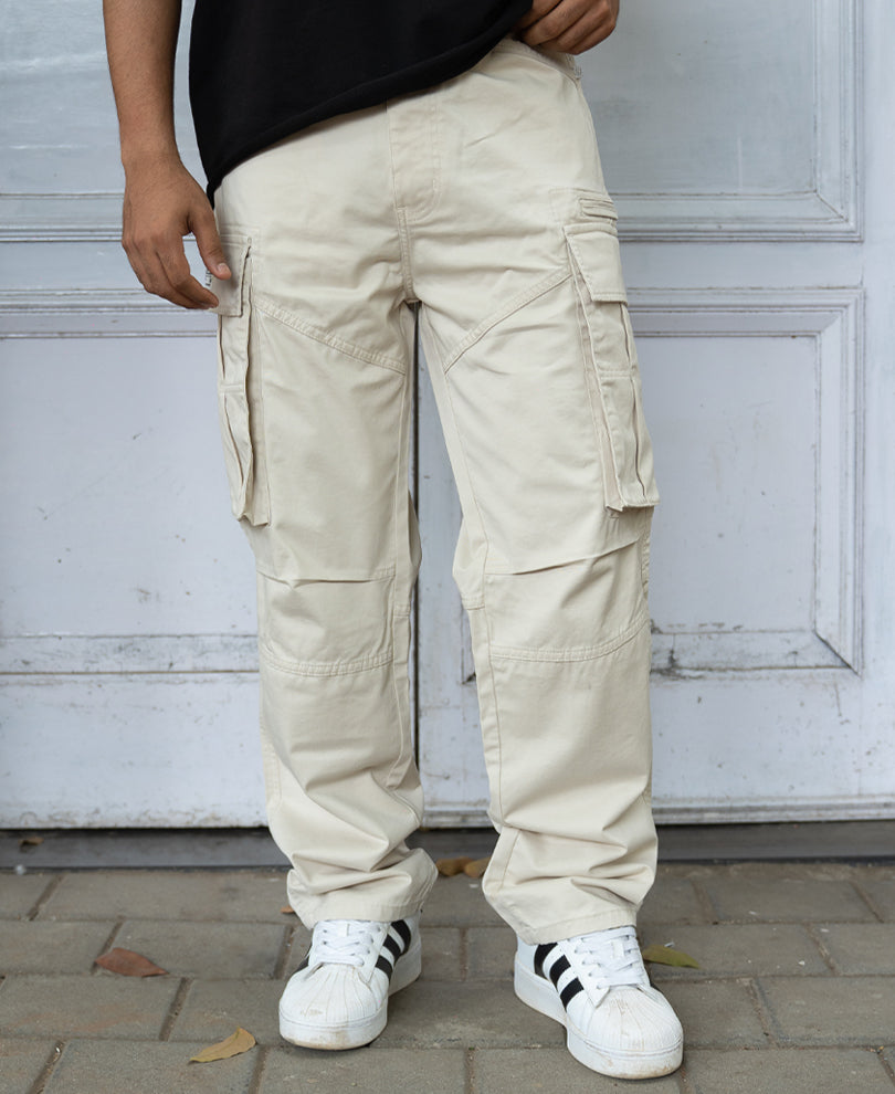 Beige Overdyed Cotton Cargo Pants.