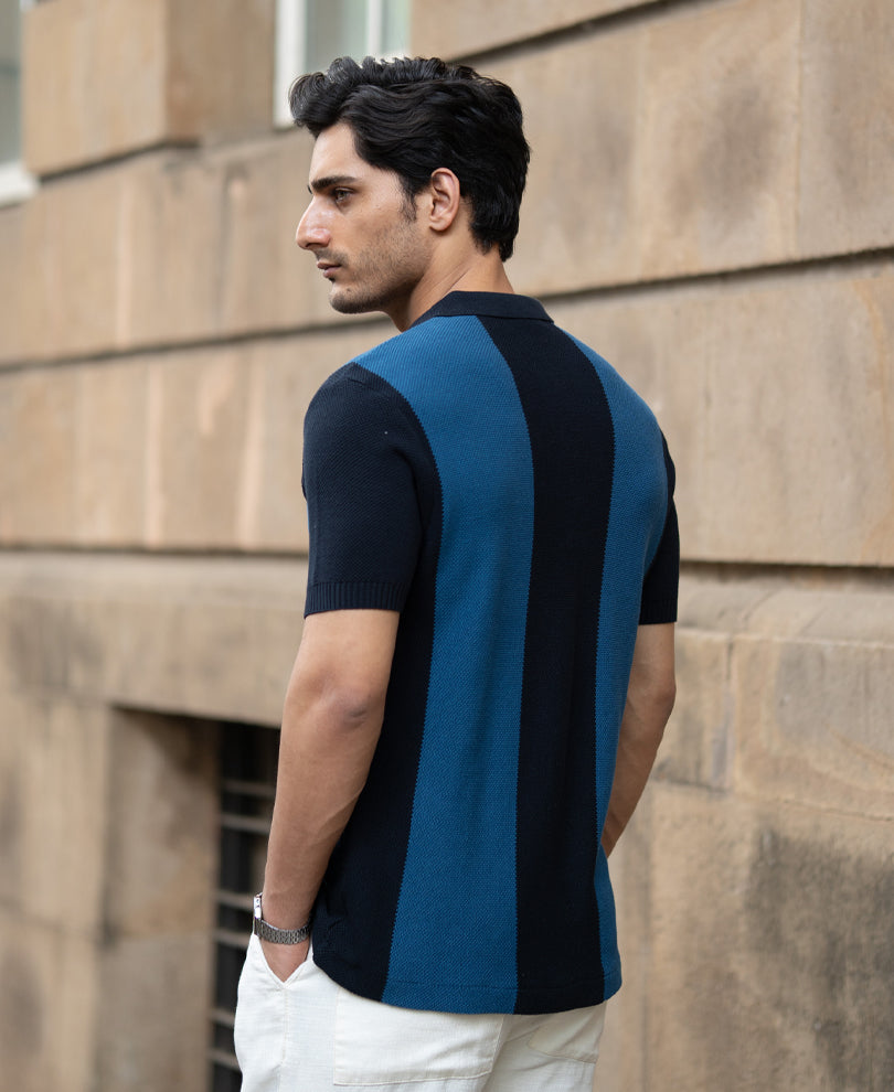 Dark Blue Stripe Knit T-Shirt.