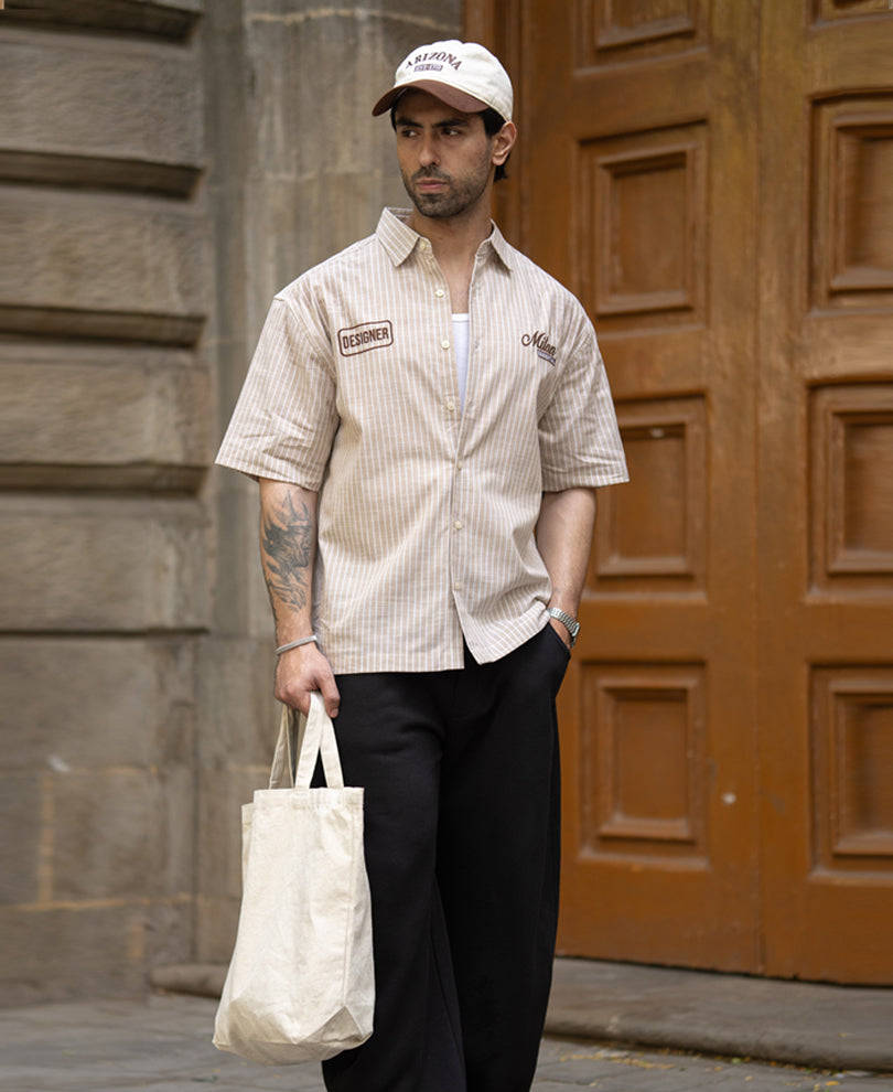 Beige Embroidered Stripe Shirt 100% Cotton