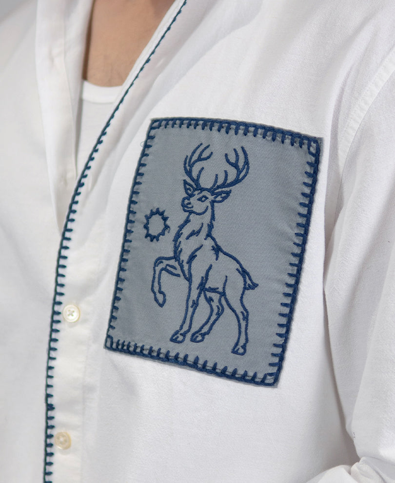 White Embroidered Patch Linen Shirt