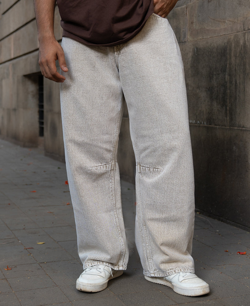 Beige Washed Barrel Fit Jeans