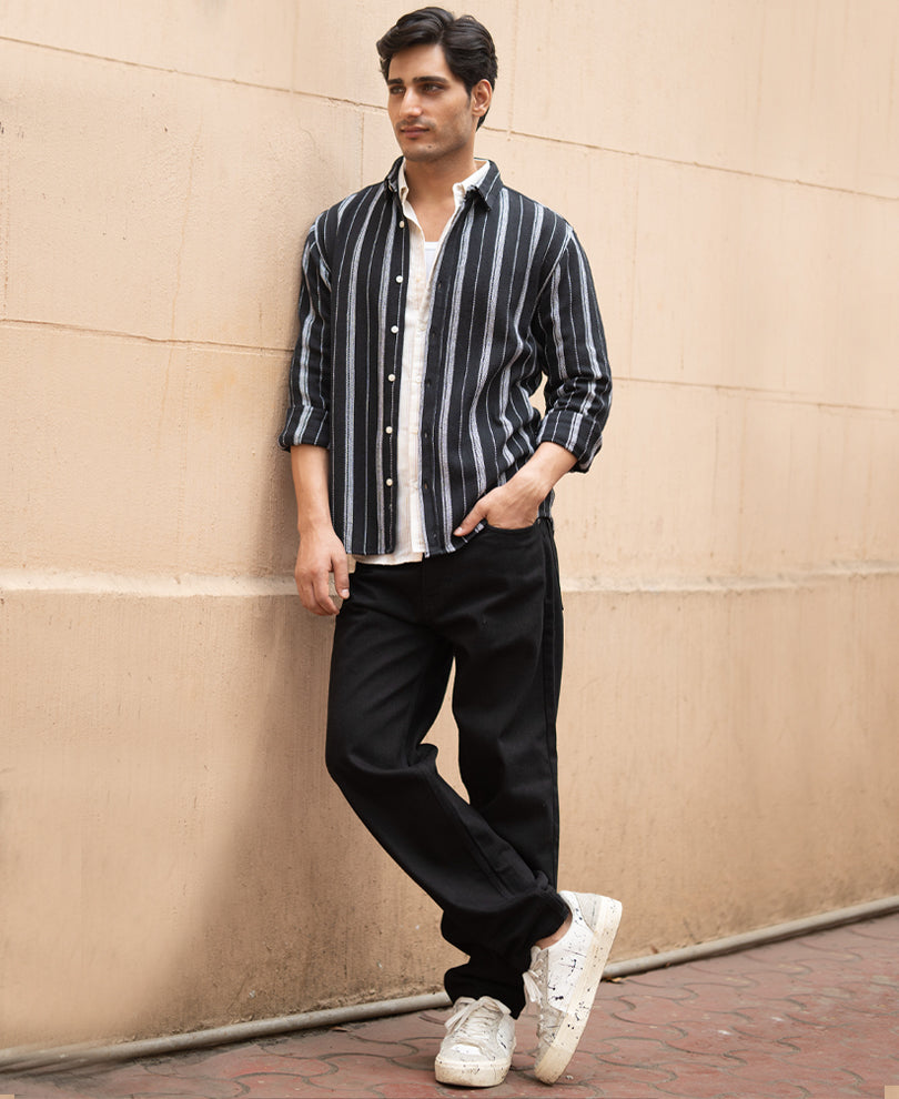 Black Structured Stripe Shirt.