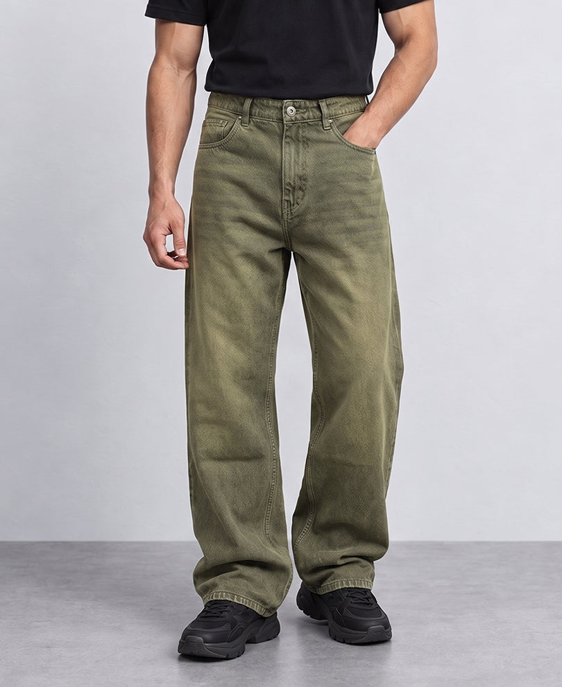 Olive Washed Baggy Jeans