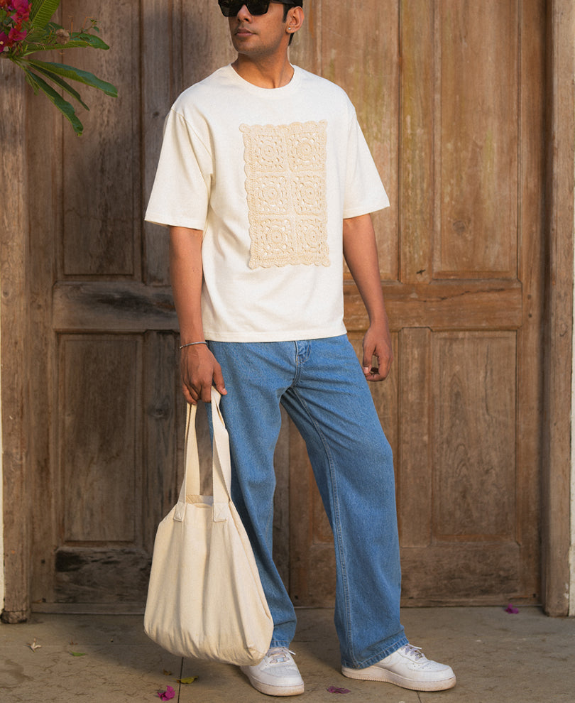 Off White Crochet Patch T-Shirt 100% Cotton