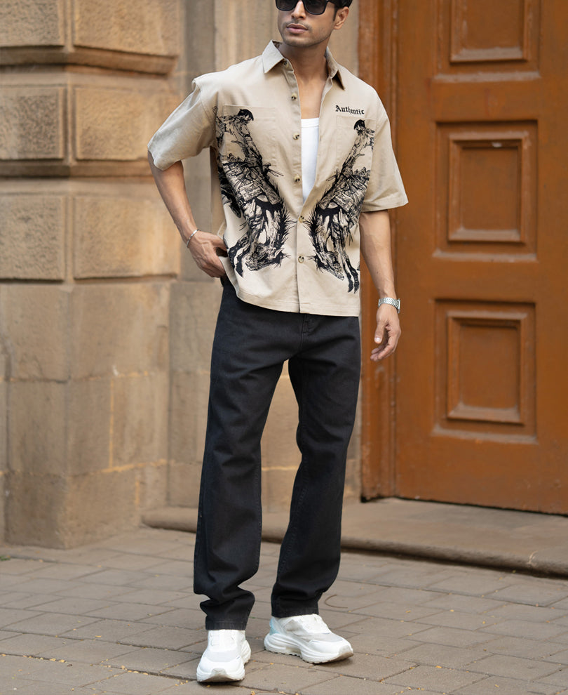 Beige Cowboy Print Boxy Shirt.