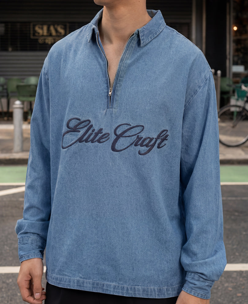 Blue Embroidered Denim Zipper Shirt