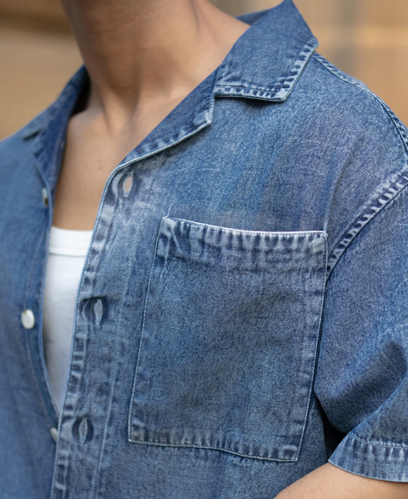 Dark Blue Washed Boxy Denim Shirt.