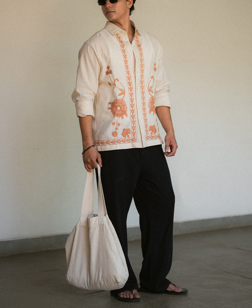Natural Linen Blend Embroidery Shirt
