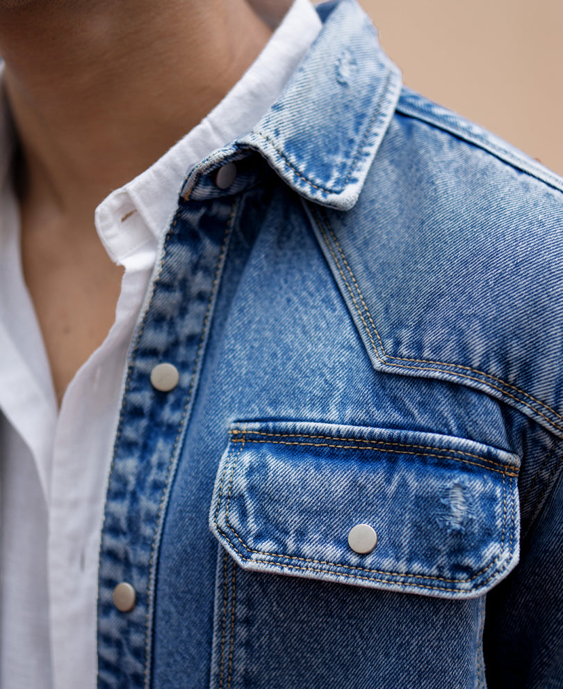 Mid Blue Distressed Denim Overshirt.