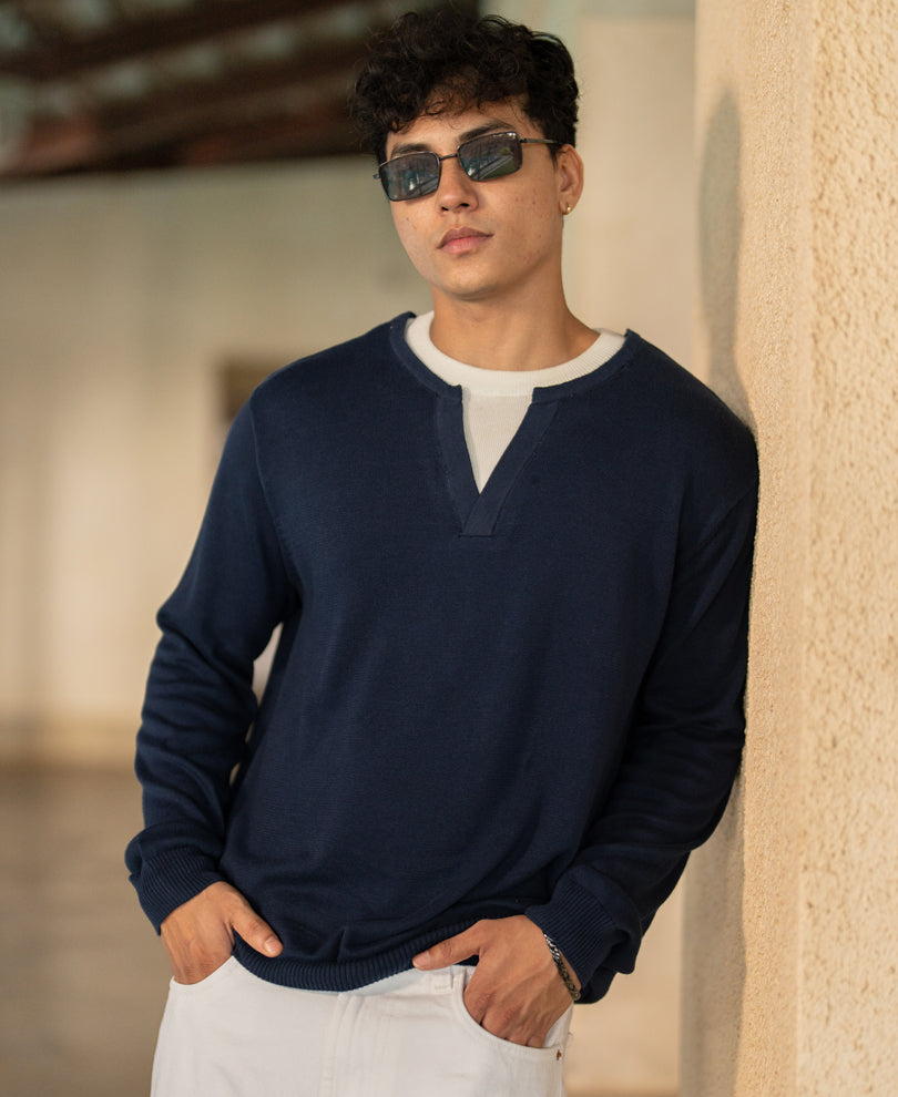 Navy Contrast Double Neck T-Shirt 100% Cotton