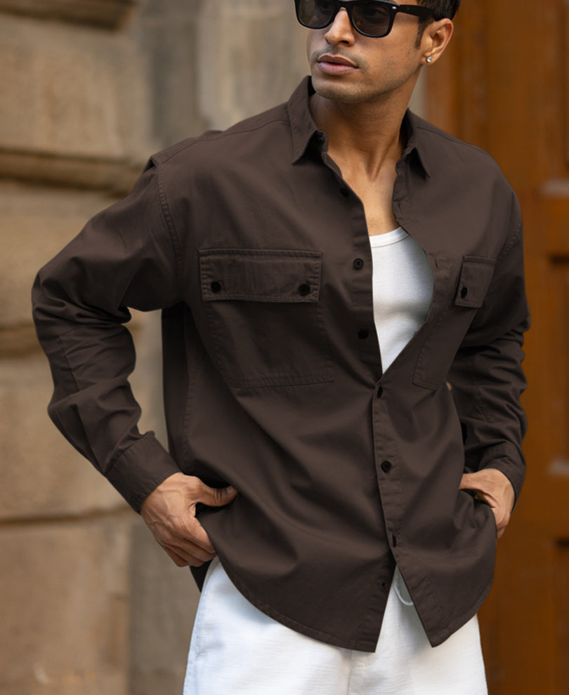 Dark Brown Double Pockets Lightweight Shirt 100% Cotton