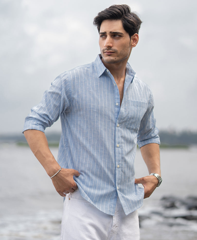 Dark Blue Cotton Stripe Shirt.