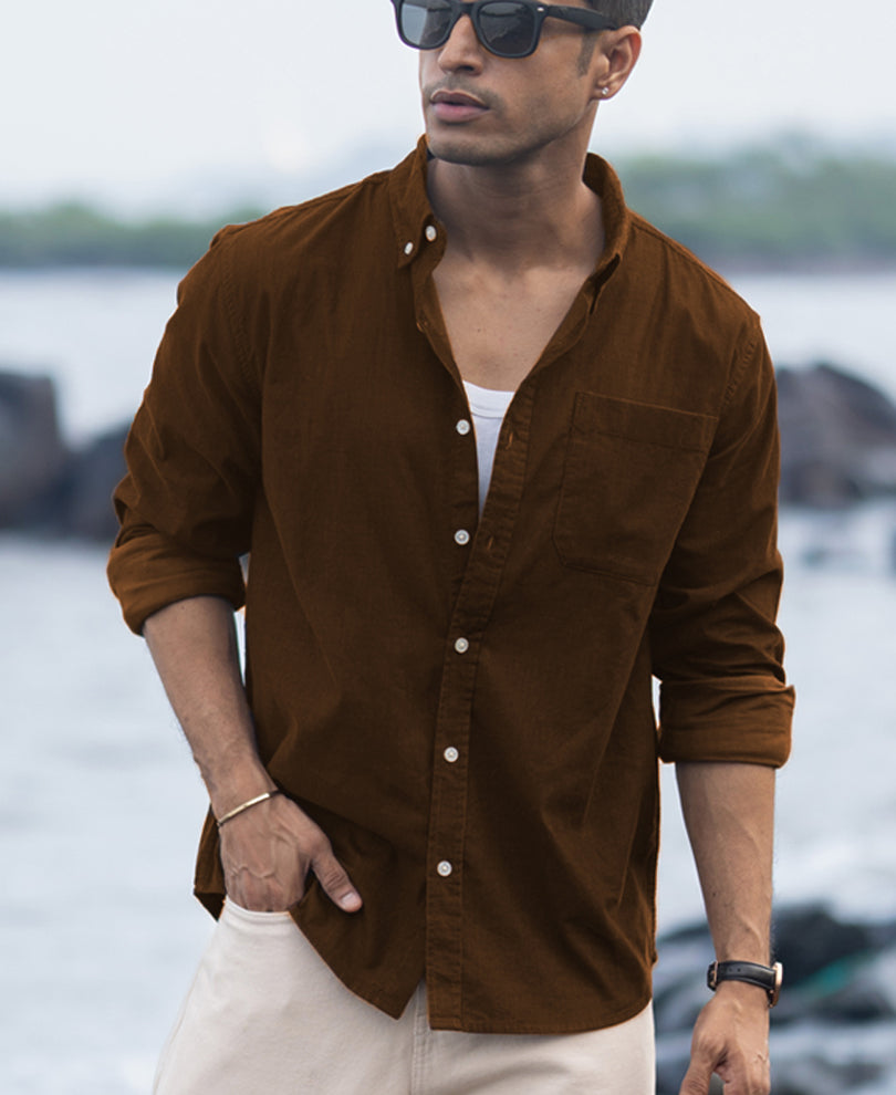 Tan Brown Corduroy Buttondown Shirt.