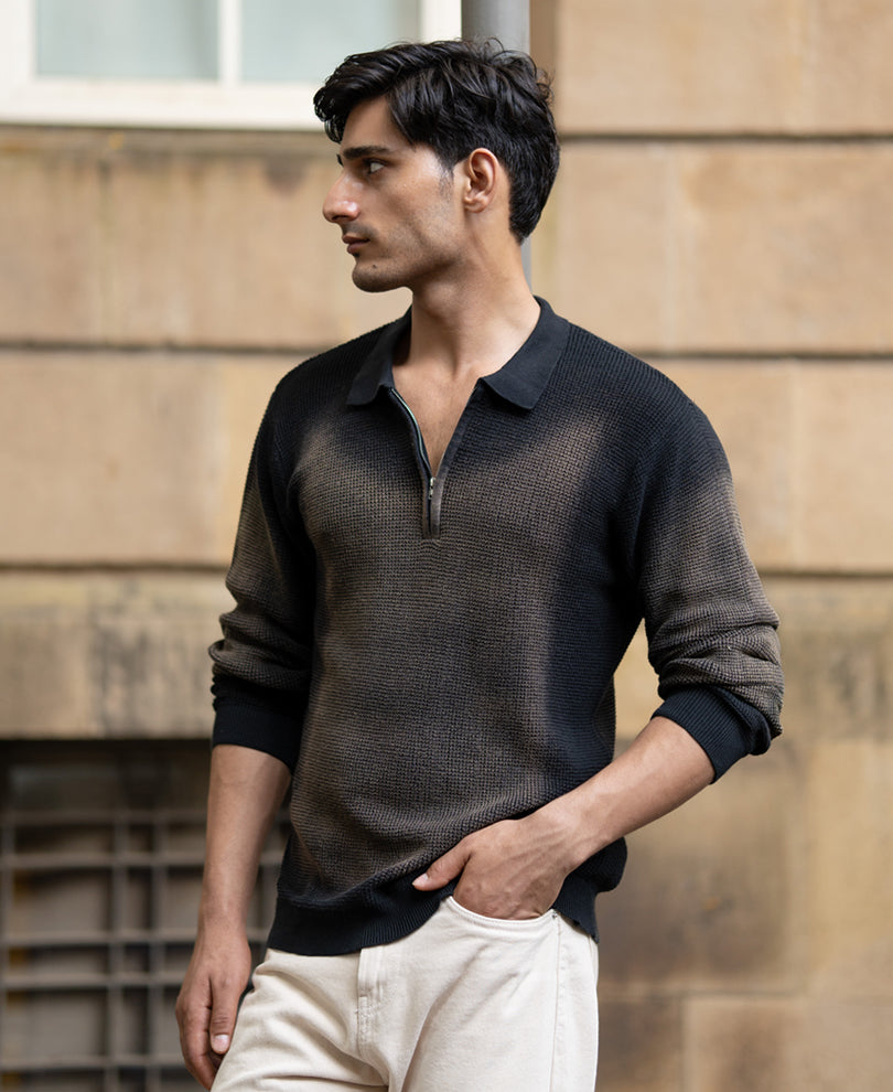 Black Sprayed Zipper Neck T-Shirt.