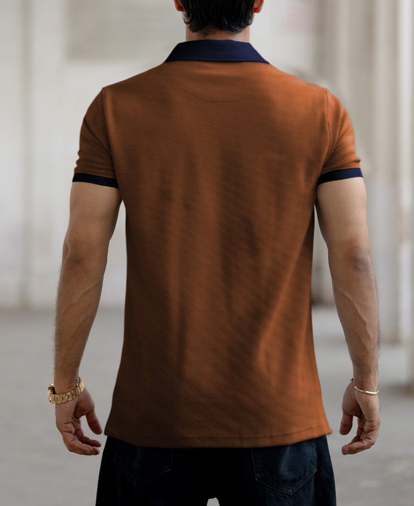 Dark Tan Contrast Collar Zipper T-Shirt.