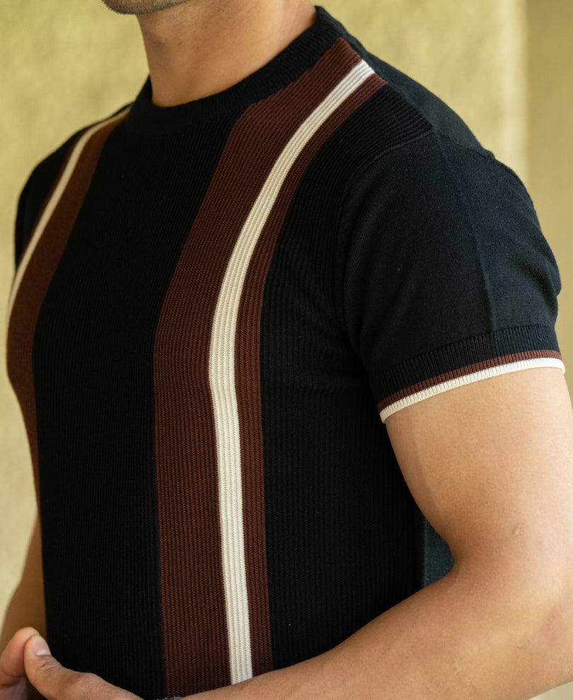Black Striped Knit T-Shirt