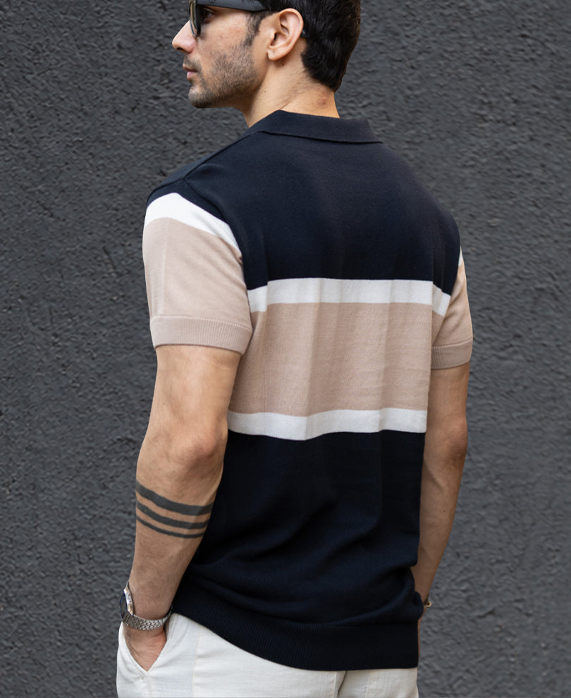 Navy & Beige Knit Stripe T-Shirt.
