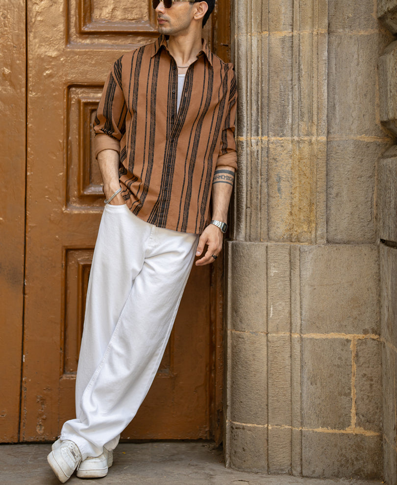 Light Brown Striped Corduroy Shirt.