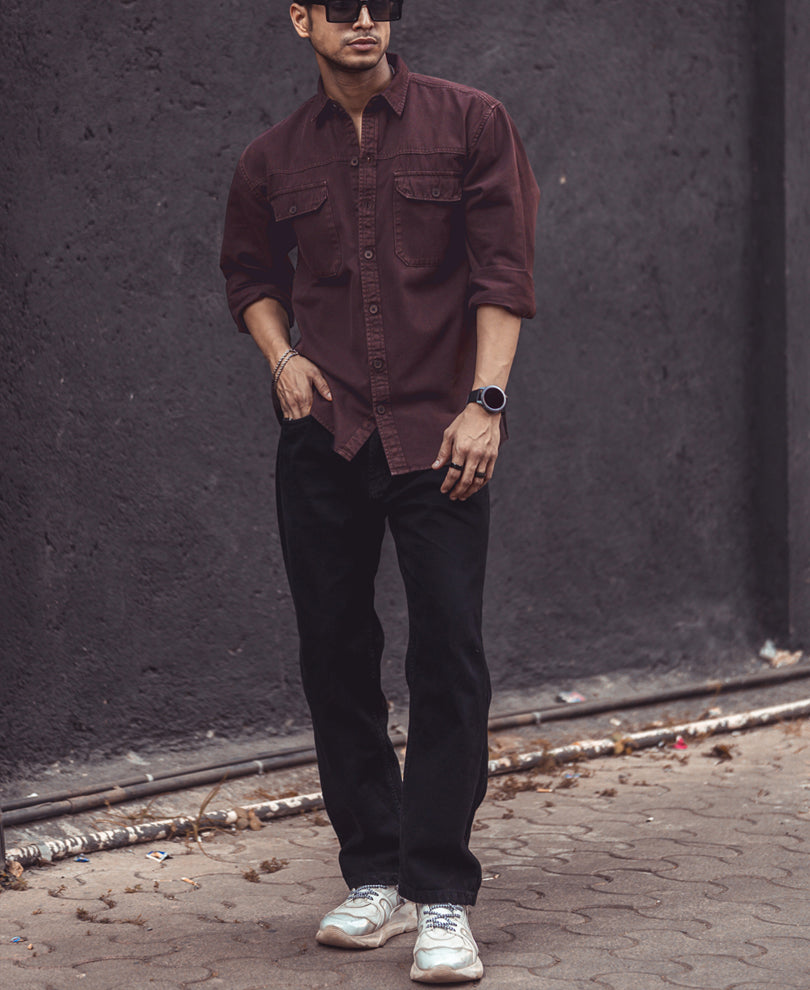 Dark Brown Denim Shacket Full Sleeves Shirt.