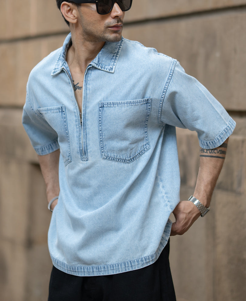 Washed Blue Boxy Fit Kurta Shirt.