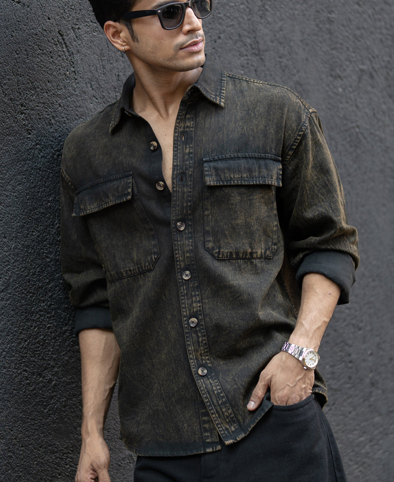 Dark Brown Washed Denim Overshirt.