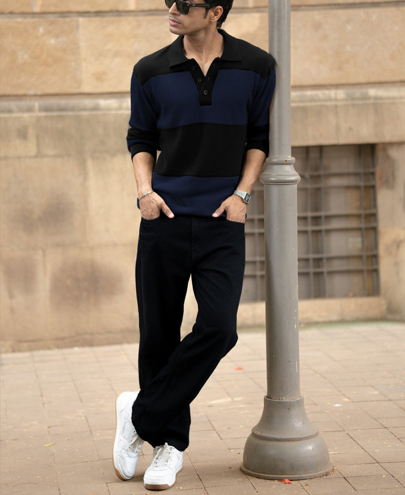 Blue Structured Knit Striped T-Shirt.