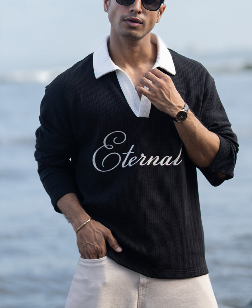 Black Embroidery Contrast T-Shirt.