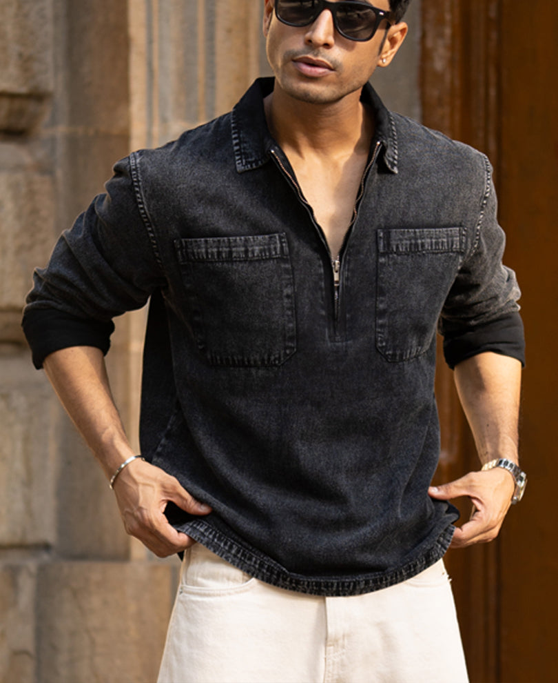 Black Washed Denim Polo Shirt.