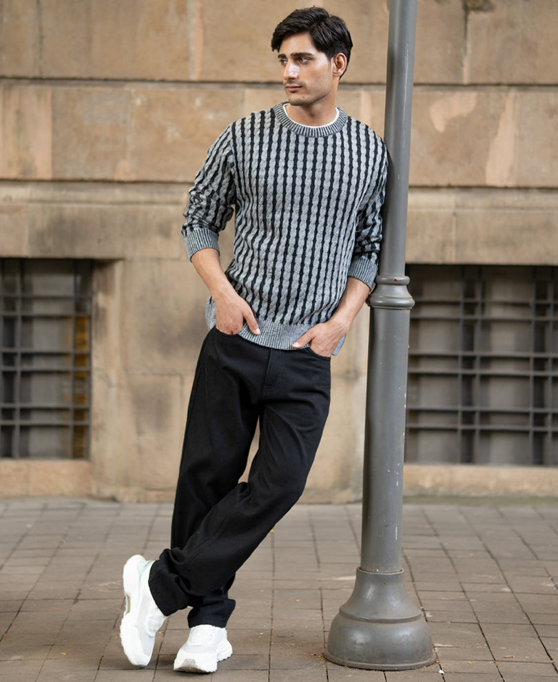 Grey And Black Cable Knit T-Shirt.