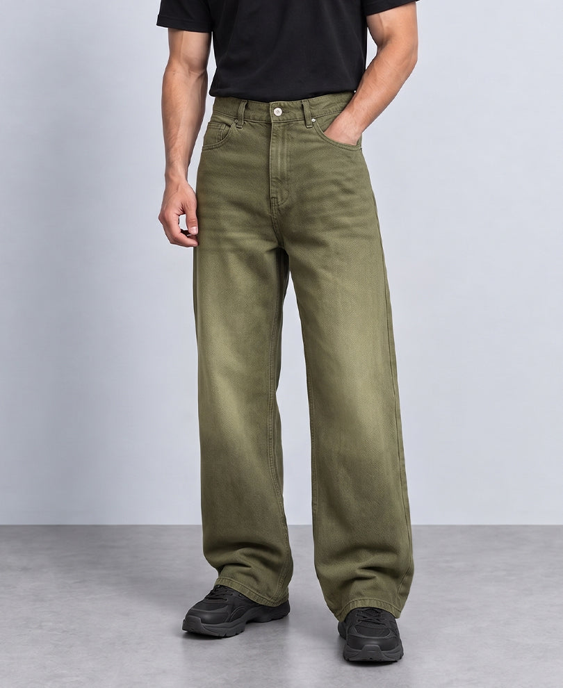 Olive Washed Baggy Jeans