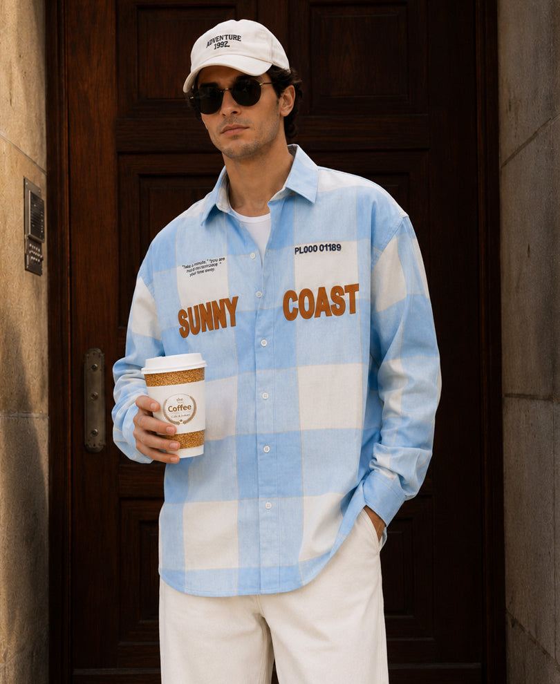 Light Blue Embroidered Checks Shirt