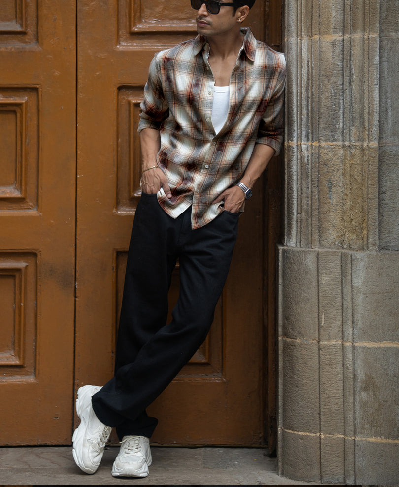 Beige Washed Checks Shirt.