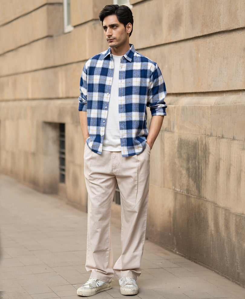 Blue Brushed Regular Fit Checks Shirt.