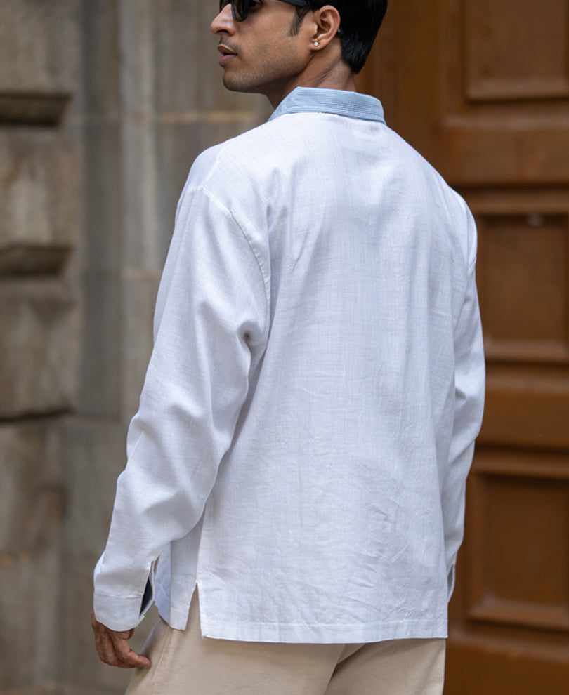 White Contrast Collar Kurta Shirt.