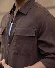 Coffee Brown Linen Blend Zipper Shirt.