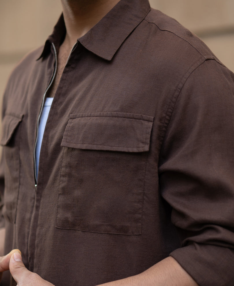 Coffee Brown Linen Blend Zipper Shirt.