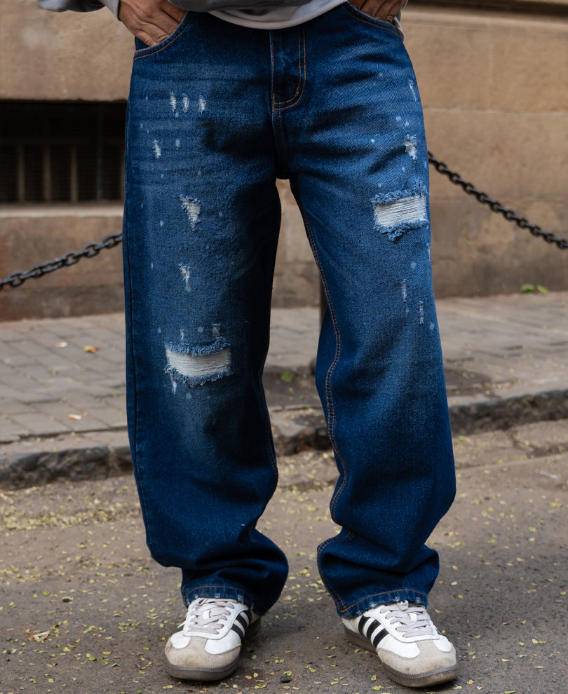 Dark Blue Distressed Baggy Fit Jeans.
