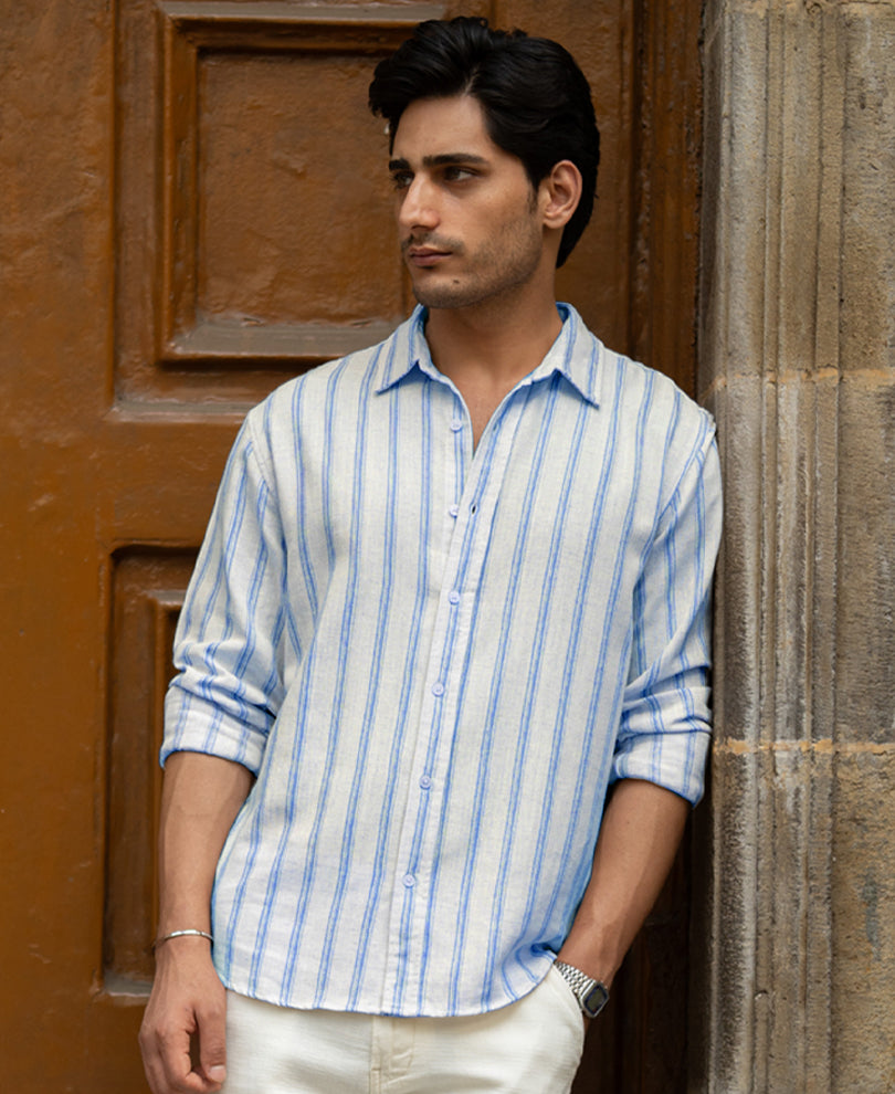 Natural & Blue Broad Stripe Shirt.