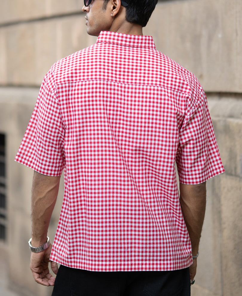Red Micro Checks Printed Boxy Shirt.