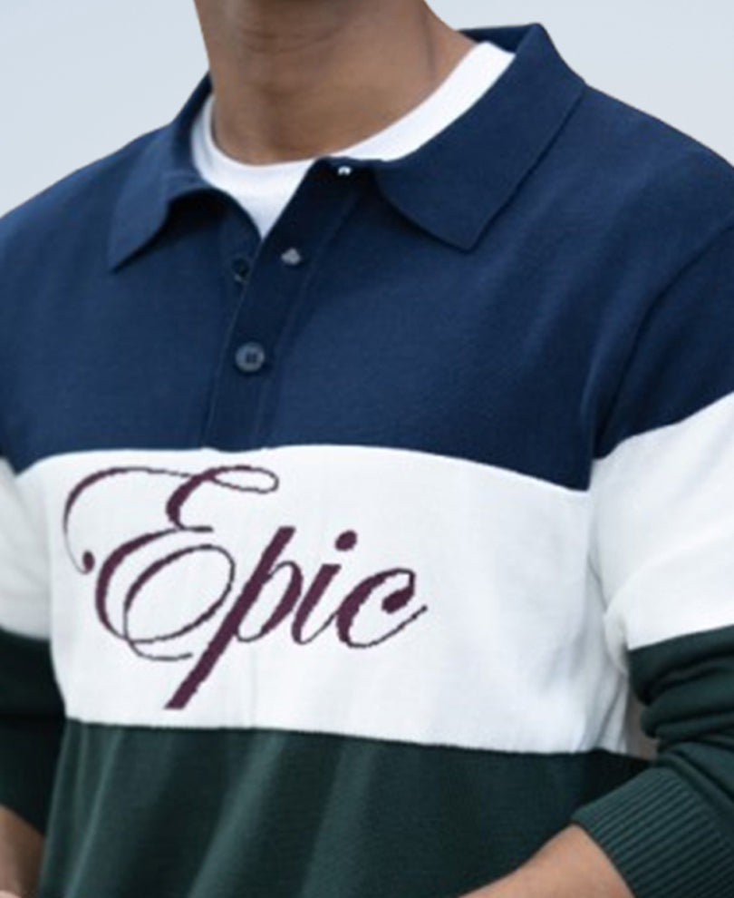 Navy And Green Panelled Polo T-Shirt.