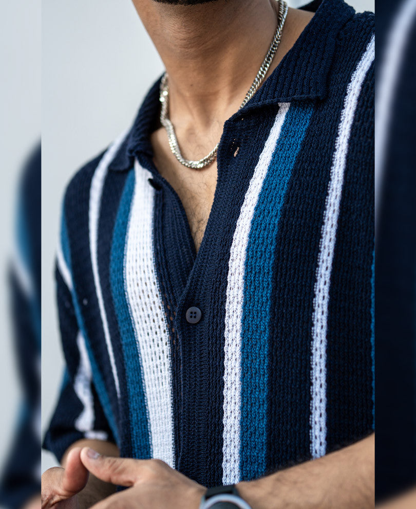 Multicolor Crochet Knit Striped Oversize Drop Shoulder Shirt.