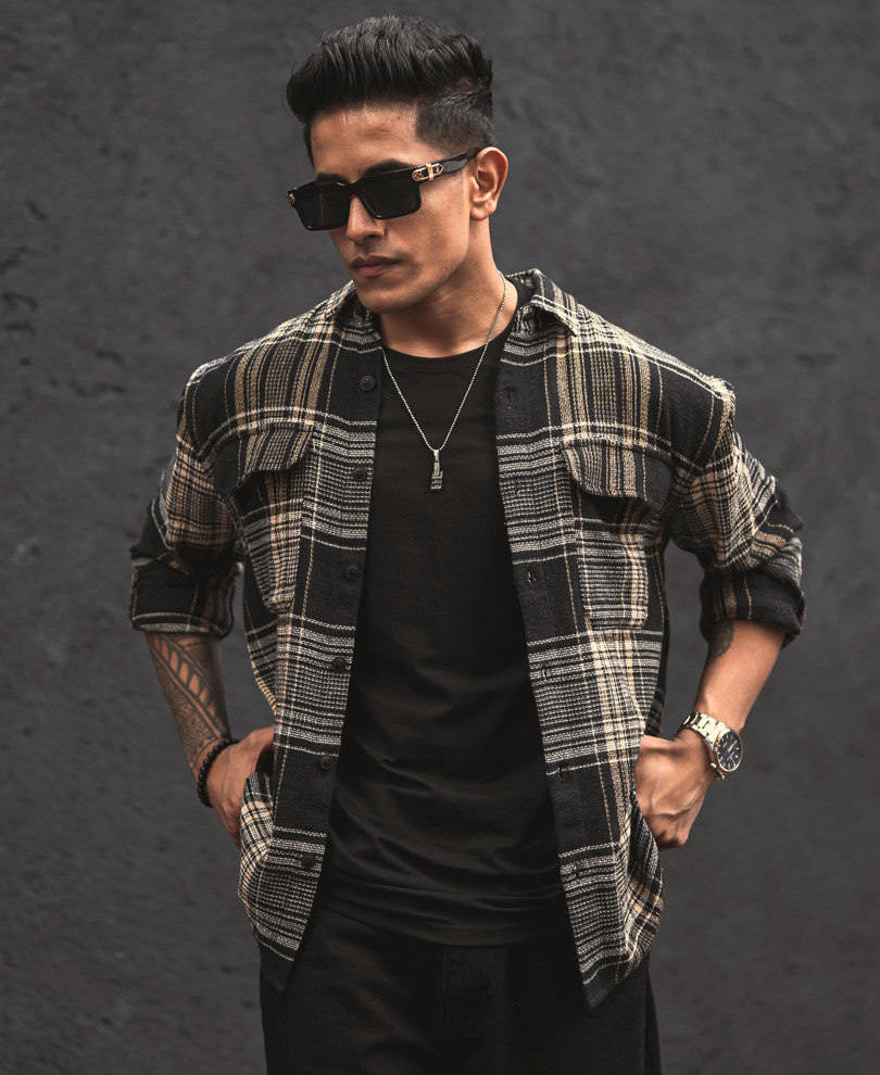 Black Structured Checks Shacket Oversized Shirt.