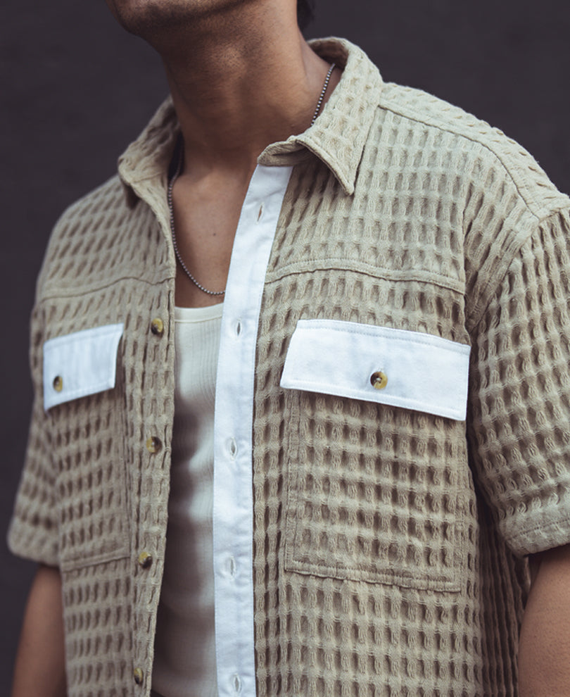 Pista Green Structured Waffle Oversized Half Sleeves Shirt.