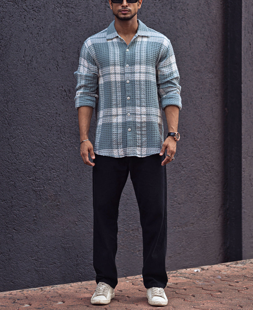 Sky Grey Waffle Checked Regular fit Full Sleeves Shirt.