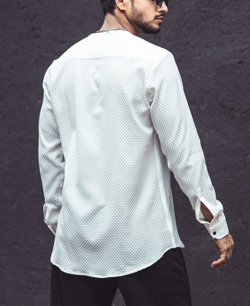 White Textured Kurta Style Shirt.