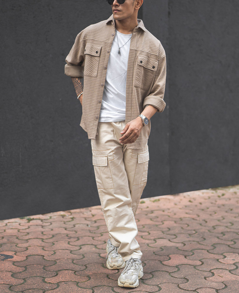Camel Structured Double Pockets Shacket Oversized Shirt.