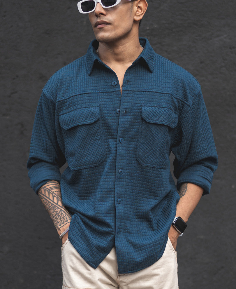 Teal Blue Structured Knit Shacket Oversized Shirt.
