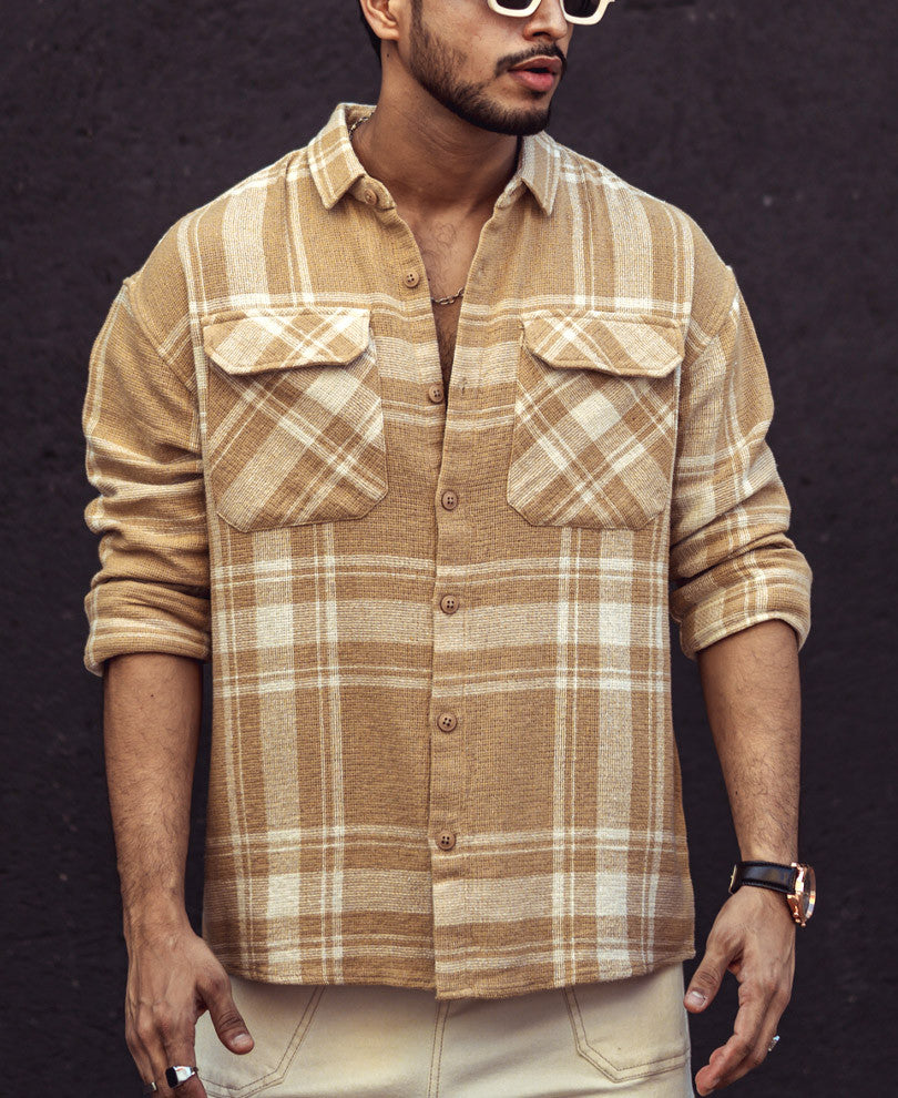 Beige and White Checks Oversize Drop Shoulder Shirt.